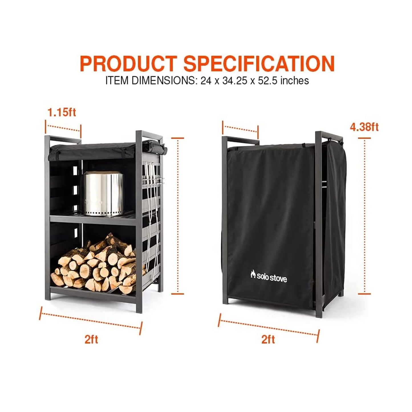 Solo Stove Station – 4.4ft Black Aluminum Firewood Rack with UV-Coated Cover, Two-Shelf Outdoor Storage for Fire Pit Logs, Tools & Accessories
