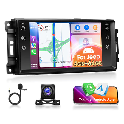 4+64G Car Stereo Radio for Jeep Wrangler JK Dodge Chevrolet RAM 1500 7" IPS Touch Screen Bluetooth Audio with CarPlay Android Auto GPS Navigation Mirror Link WiFi FM AM RDS Backup Camera MIC