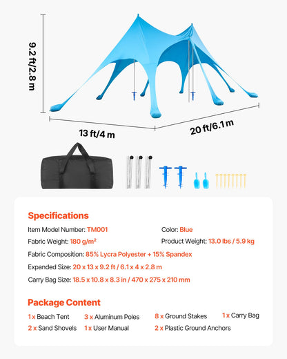 VEVOR Beach Tent Sun Shelter, UPF50+ Sun Protection, 9.2 ft Tall, 20 x 13 ft, Easy Pop Up Beach Canopy with Sandbags, Stability Poles, Sand Shovels, Portable Shade for Family Outings, Camping, Fishing