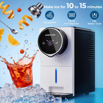 Antarctic Star Nugget Ice Maker Countertop, Gen 2 Self-Cleaning Portable Ice Machine, 33 lbs/24H, 1.8L Water Tank, 1.5 lbs Ice Storage, Touch Screen & Auto Ice Drop, for Home/Office/Kitchen