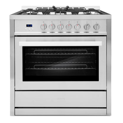 COSMO COS-965AGC 36 in. Gas Range with 5 Burner Cooktop, 3.8 cu. ft. Capacity Rapid Convection Oven with 5 Functions, Heavy Duty Cast Iron Grates in Stainless Steel, 36 inches