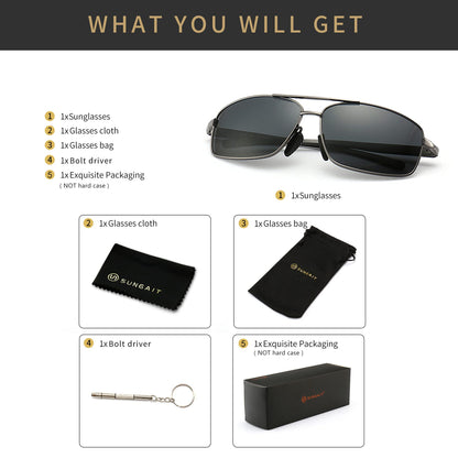 SUNGAIT Ultra Lightweight Rectangular Polarized Sunglasses Men UV400 Protection (Gunmetal Frame Gray Lens, 62) Metal Frame SGT458 QKH-CA