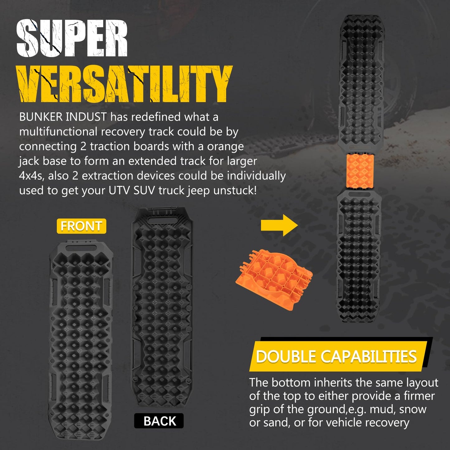 BUNKER INDUST Off-Road Traction Boards with Jack Lift Base,2 Pcs Multifunctional Recovery Track Ramp Traction Mat for 4WD UTV SUV Truck-Mud, Sand, Snow Tire Traction Devices Black with Carry Bag