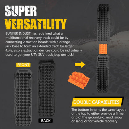 BUNKER INDUST Off-Road Traction Boards with Jack Lift Base,2 Pcs Multifunctional Recovery Track Ramp Traction Mat for 4WD UTV SUV Truck-Mud, Sand, Snow Tire Traction Devices Black with Carry Bag