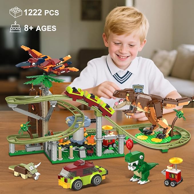 HOGOKIDS Dinosaur Roller Coaster Building Set - 1222 PCS Roller Coaster Building Toy with 4 Dinosaur Off-Road Vehicle Food Cart Dinosaur Models Playset Gifts for Adults Girls Boys Ages 8-12 Years