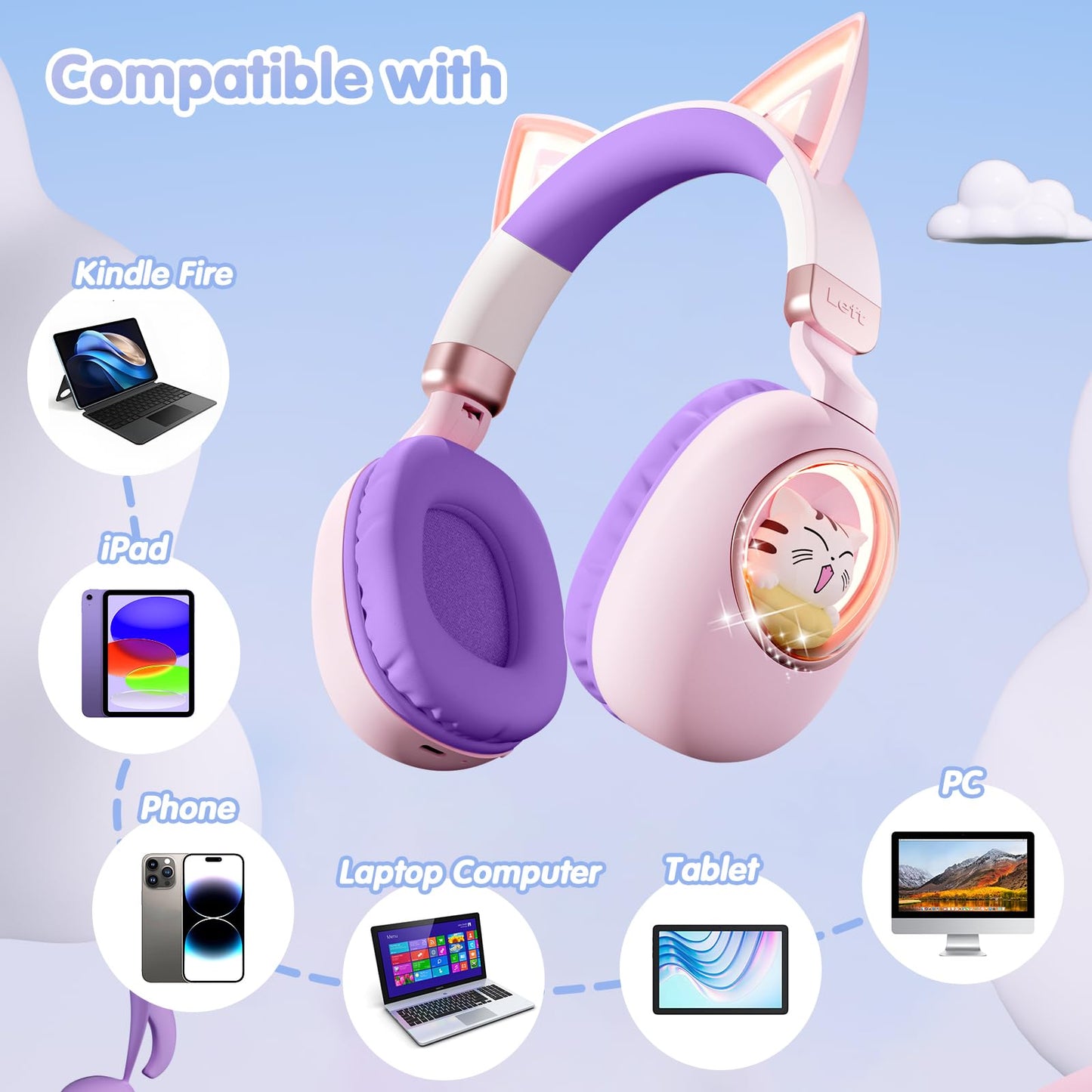 sunvito Kids Headphones Bluetooth 5.4 - Cat Ear LED Light Up Noise Cancelling Wireless Headphones with Mic, 85dB Volume Limited, Wired & Wireless Mode for Travel/School/iPad