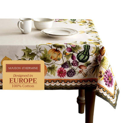 Maison d' Hermine Table Cloth Rectangle Table 100% Cotton 70 x 90 Inches Fall Tablecloth Reusable Everyday Use for Thanksgiving Christmas Decorations Dining Farmhouse (Pumpkin Garden - Cloudy Cream)