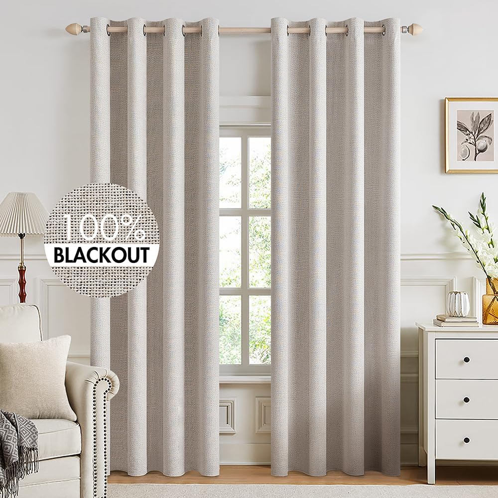 MIULEE Blackout Linen Textured Curtains - Thermal Insulated Room Darkening Drapes, Ivory, 52 x 94 Inch (2 Panels)