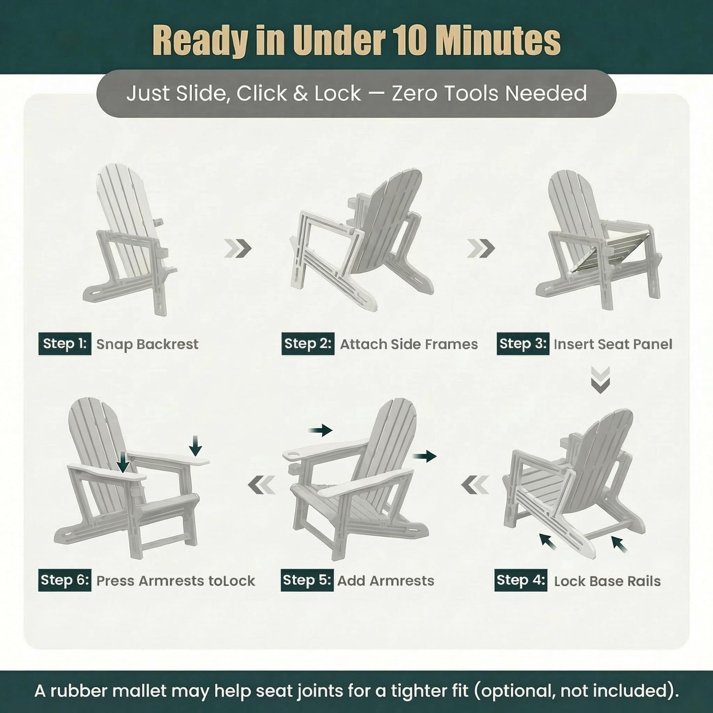 Adirondack Chair with Cup Holder,Tool-Free Assembly,No Screws Needed,All-Weather HDPE Plastic Outdoor Patio Chair,Wood-Grain Slatted Look,Easy to Take Apart for Storage,Fire Pit Chairs(Classic Black)