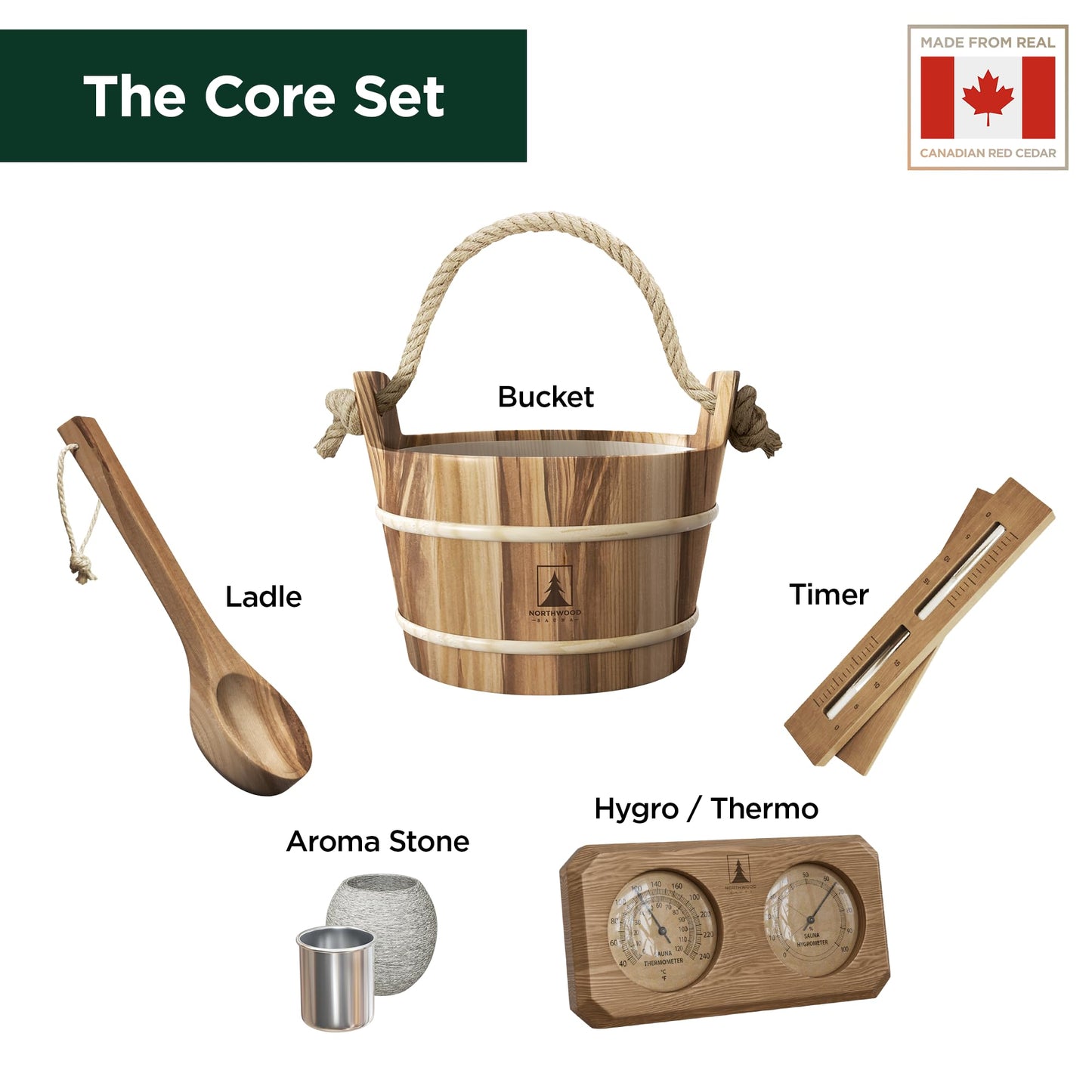 Northwood Sauna - Sauna Accessories Kit - Handmade from Canadian Red Cedar Wood - Core Set (Bucket & Ladle, Thermometer & Hygrometer, Sand Timer, Aromatherapy Cup)