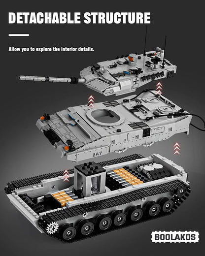Leopard II A7 Main Battle Tank Building Block Military Tank Building Toy Set to Display Collectible WW2 Army Model for Adults (1498 Pieces)