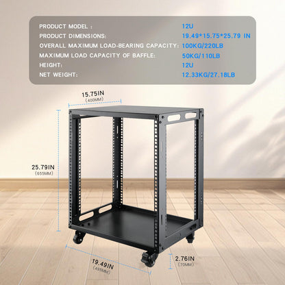 12U Open Frame Server Rack with Wheels Free Standing Network Server Rack for Servers & AV Gear Black