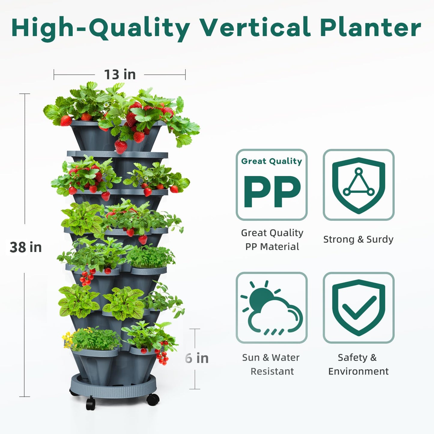 Tectsia 7 Tiered Strawberry Vertical Planter Tower Garden 3 Pack, Stackable Planter Herb Garden Planter with Movable Casters and Bottom Saucer Indoor and Outdoor - Dark Grey
