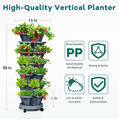 Tectsia 7 Tiered Strawberry Vertical Planter Tower Garden 3 Pack, Stackable Planter Herb Garden Planter with Movable Casters and Bottom Saucer Indoor and Outdoor - Dark Grey