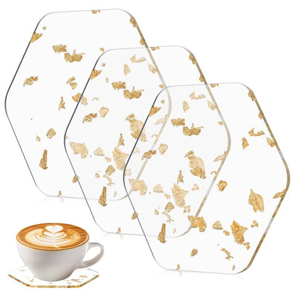 3 Pcs Acrylic Coaster for Desk Gold Foil Modern Drink Coasters for Coffee Table Non-Slip Transparent Waterproof Cup Mats for Table Countertop Desk Cold Hot Drink Home Decor (Hexagon)