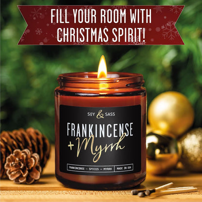 Frankincense and Myrrh Candle, Christmas Candles Scented - w/Spices, Frankincense & Myrrh - Infused with Essential Oils I Frankincense Candle I 9oz, 50Hr, Made in USA