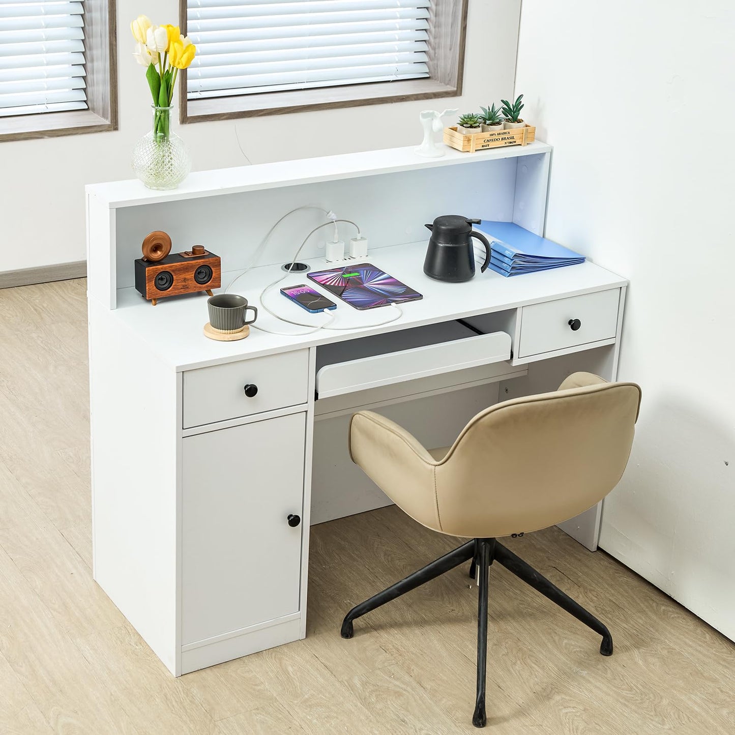 VEVOR Reception Desk, 47 Inch Rectangular Front Counter Table, Office Reception Desk with LED Light, 2 Drawers and Power Outlets, for Checkout, Lobby, Beauty Salon and Office, White