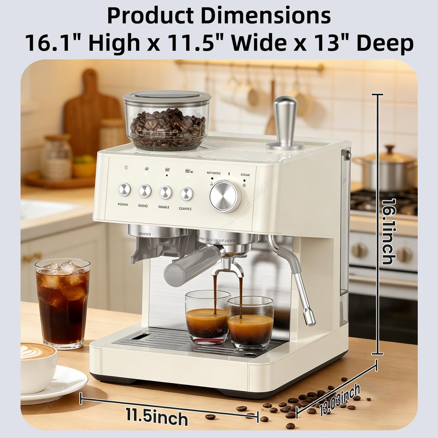 (2026 Upgrade) 15 Bar Espresso Machine with Built-in Anti-Clog Coffee Grinder, Expresso Coffee Machines with Milk Steam Wand/Frother/Tamping Tools,Espresso Maker with Grinder for Lattes-Almond