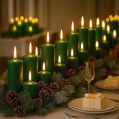 Veiuwa 18 Pcs Green Pillar Candles Bulk Set，Hurricane Candles，3 Different Lengths (6 Each)，Dripless Unscented Smokeless，Gives You a Better Atmosphere When Organizing Wedding or Event Party.