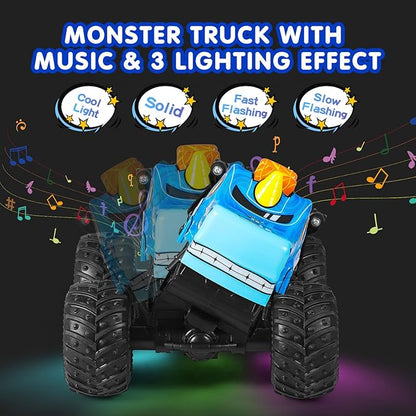 DYODYORC Remote Control Car 2.4Ghz All Terrain Monster Truck RC Truck with Music 3 Lighting Effects 360 Stunt Capable 2 Batteries Ready to Run Toy Gifts for Boys and Girls (Blue)