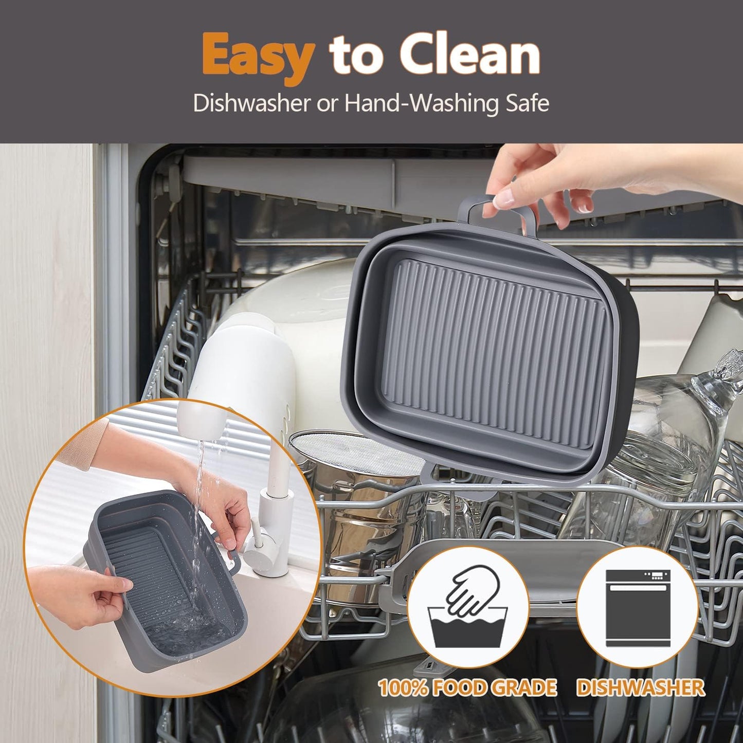 Vangerute Collapsible 2-Pack Air Fryer Silicone Liners for 10QT NINJA Foodi Dual, Reusable Rectangular Silicone Basket Pot for Air Fryer Accessories (Gray)