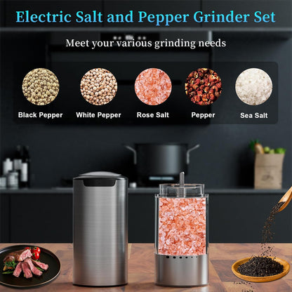 Skiennix Electric Salt and Pepper Grinder Set - Type-C Fast Charging, Adjustable Coarseness, Stainless Steel | LED Light