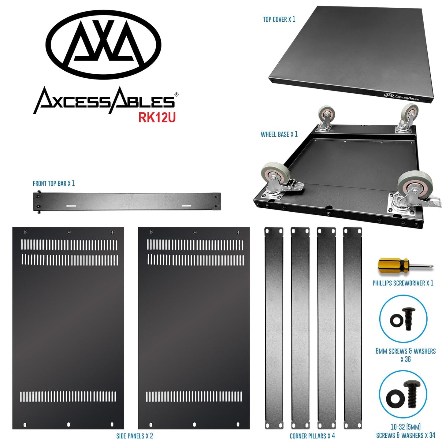 AxcessAbles 12U AV Equipment Rack | 19-Inch Steel Open Frame Home Studio Rack with 3” Caster Wheels | Universal Case for Studio, Server, Network Gear | 550lb Capacity | Screws, Spacer, Tool Included