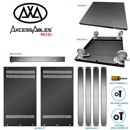 AxcessAbles 12U AV Equipment Rack | 19-Inch Steel Open Frame Home Studio Rack with 3” Caster Wheels | Universal Case for Studio, Server, Network Gear | 550lb Capacity | Screws, Spacer, Tool Included