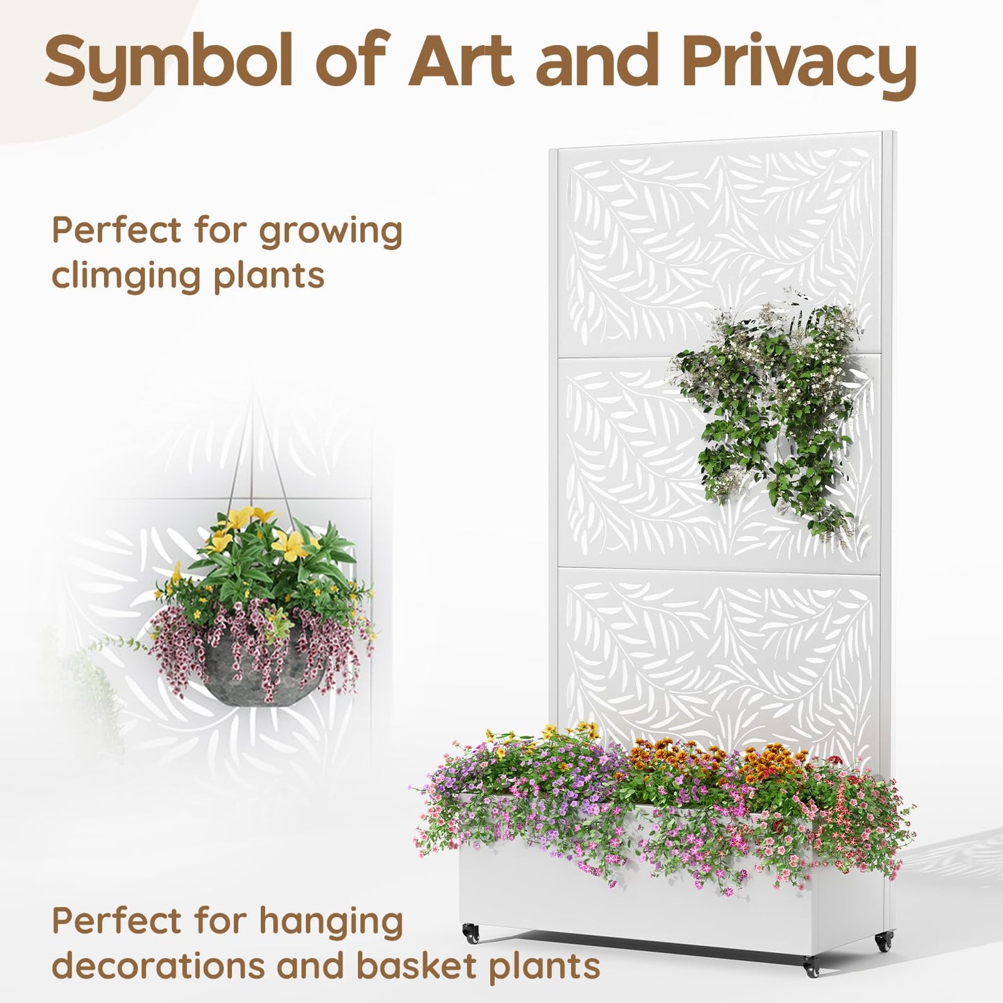 Metal Planter Box with Trellis,72"x35"x15",Galvanized Raised Garden Bed Trellis Outdoor Planter with Privacy Screen & Wheels and Drainage Holes,for Patio Climbing Vegetables,Flowers,Vines,White