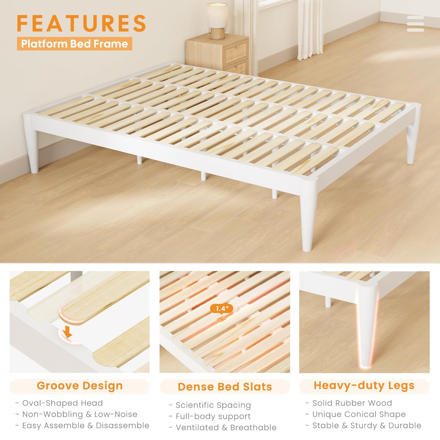 IOTXY Queen Platform Bed Frame - Solid Wood 16-Inch Height Mattress Foundation Base with Densely Slats and Heavy-Duty Support Legs, No Box Spring Needed, White
