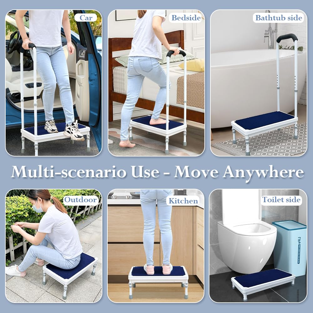 Bedside Steps for High Beds Step Stool with Handle for Elderly Adult Medical Heavy Duty Safety Stepstools for Seniors 400 Lb Capacity Non-Slip Wide Platform to Get in Bed, Car, Bathroom (Blue-21.6")