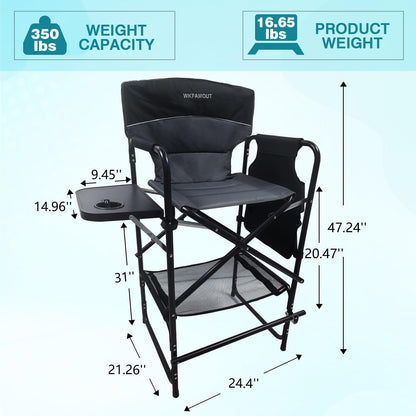 WKFAMOUT Tall Folding Director Chair 30.7" Seat Height Foldable Bar Stool for Makeup Artist Face Painting with Side Table Carry Bag and Cosmetic Bag Supports 350LBS