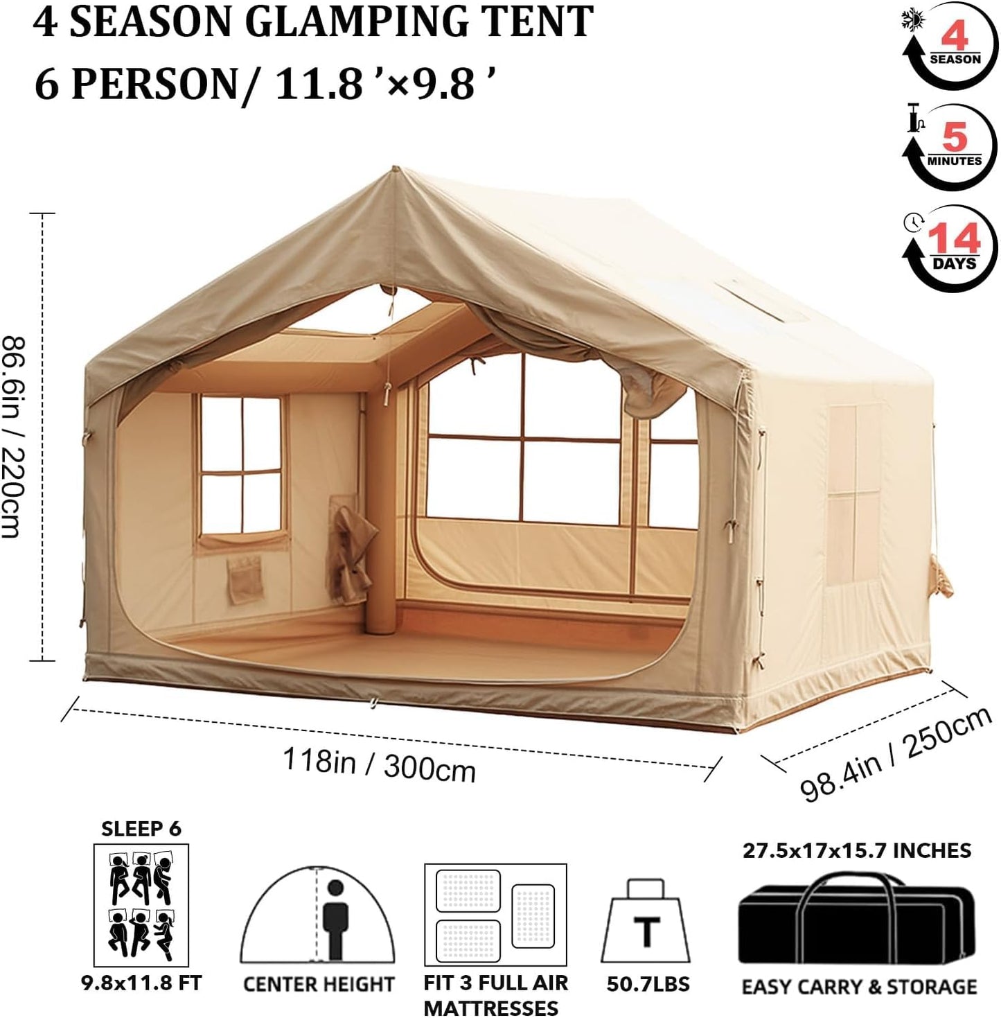 10' x 8' Inflatable Tents for Camping, 6-8 People Blow up Tent, 4 Season Inflatable Hot Tent with Stove Jack, Waterproof Portable for Camping Outdoor