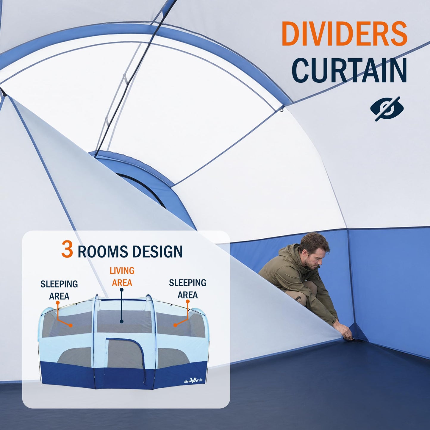BravArrk Camping Tent for 8 Person, PU3000MM Waterproof Family Tent with Rainfly, Large Roomy 3 Room Camping Tents with Divided Curtain, Portable Outdoor Tent for Families Car Camping, 14x9x6 ft
