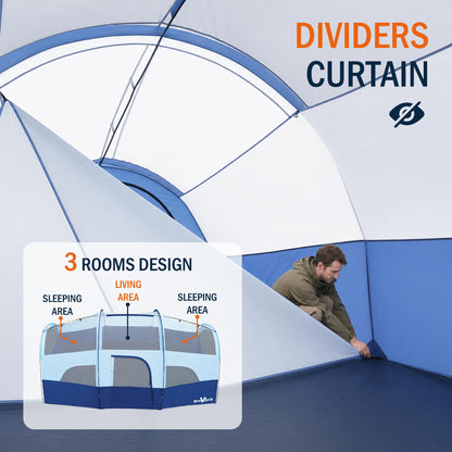 BravArrk Camping Tent for 8 Person, PU3000MM Waterproof Family Tent with Rainfly, Large Roomy 3 Room Camping Tents with Divided Curtain, Portable Outdoor Tent for Families Car Camping, 14x9x6 ft