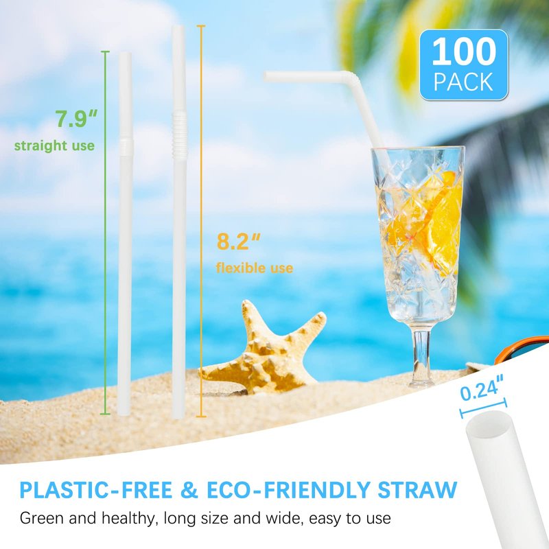 Plasticless 100P PLA Disposable Drinking Straws Corn Plant Based Biodegradable Straws, BPA Free Compostable Straw (100 Pack White Individually Wrapped Straws)