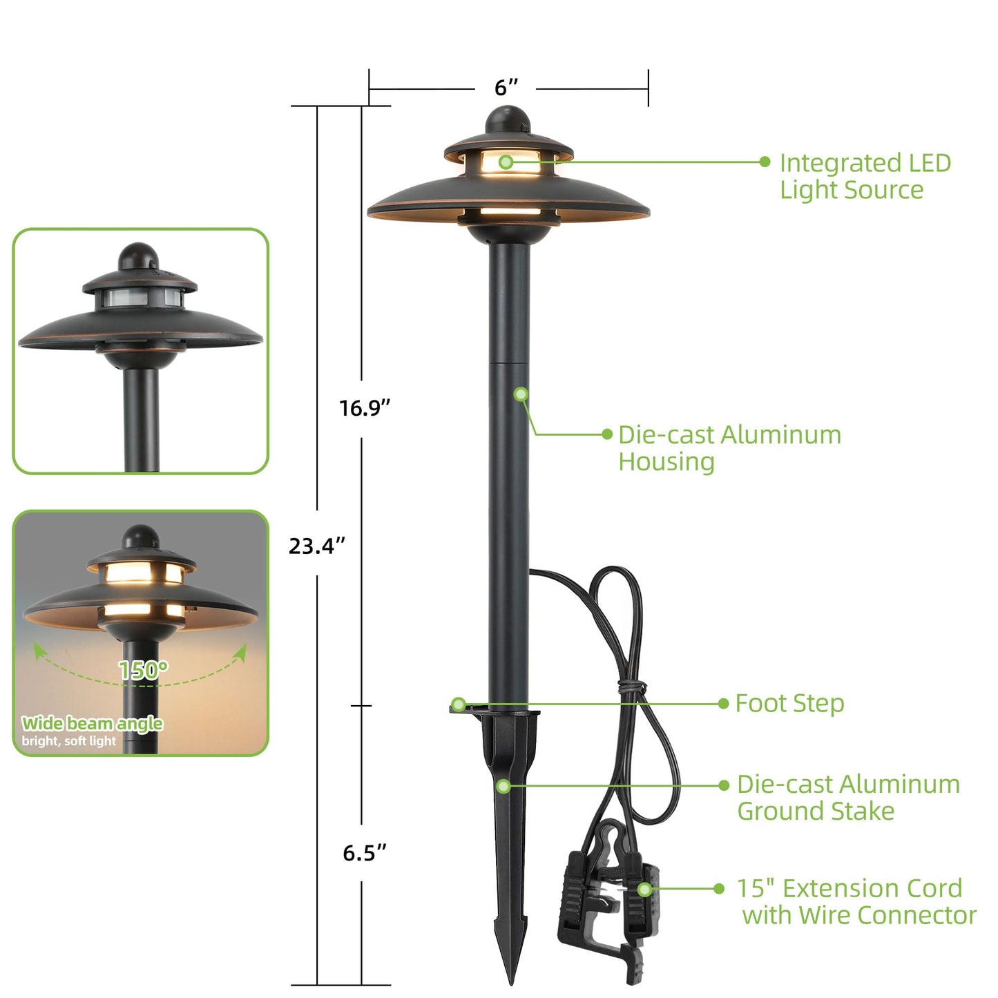 Low Voltage Landscape Pathway Lights, 3CCT Adjustable (2700K/3000K/4000K) 12V-15V LED Landscape Lighting, Oil Rubbed Bronze Aluminum Housing, Waterproof Outdoor Path Lights for Yard, Garden, 6 Pack