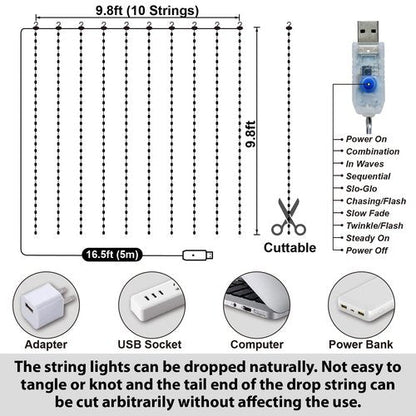 HXWEIYE 300LED Fairy Curtain Lights, 9.8x9.8Ft USB Plug-in 8 Modes Christmas String Hanging Lights with Remote for Bedroom Backdrop Wedding Indoor Wall Decor, Purple, Tangle-Free – 1 Pack