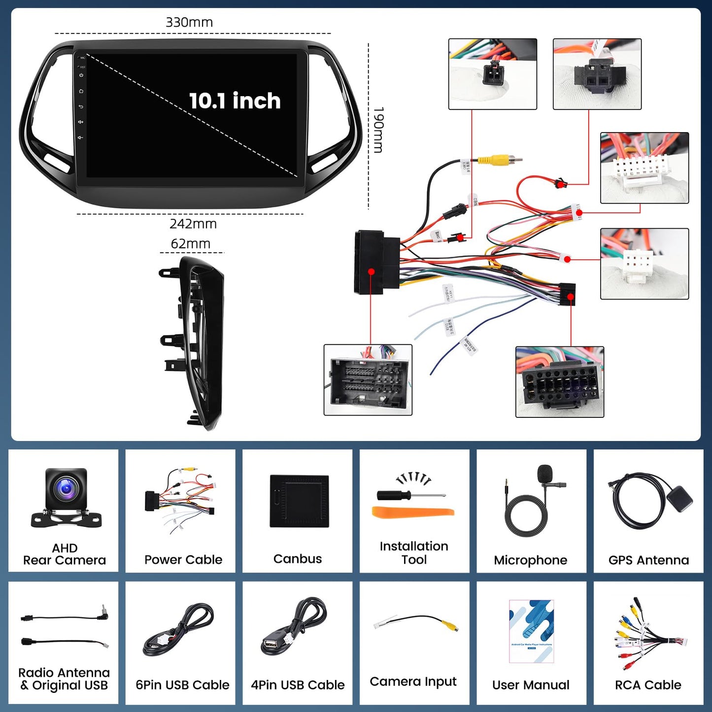 4 Core 2+64G Android 15 Car Stereo for Jeep Compass 2017-2020 with Wireless CarPlay&Android Auto,10.1" Touchscreen GPS Radio with 5G WiFi,Bluetooth,FM RDS,EQ,SWC and Backup Camera