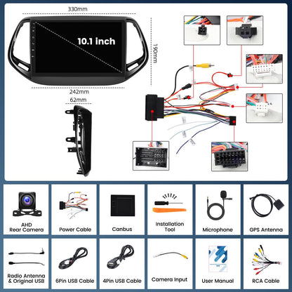 4 Core 2+64G Android 15 Car Stereo for Jeep Compass 2017-2020 with Wireless CarPlay&Android Auto,10.1" Touchscreen GPS Radio with 5G WiFi,Bluetooth,FM RDS,EQ,SWC and Backup Camera