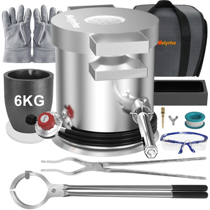Nelyrho 6KG Melting Furnace Kit, Stainless Steel Foundry with Crucible Tongs, Ingot Mold, Goggles, Gloves, Carry Bag, Ideal for Smelting Silver, Copper, and Aluminum, Metal Recycling Casting Tool