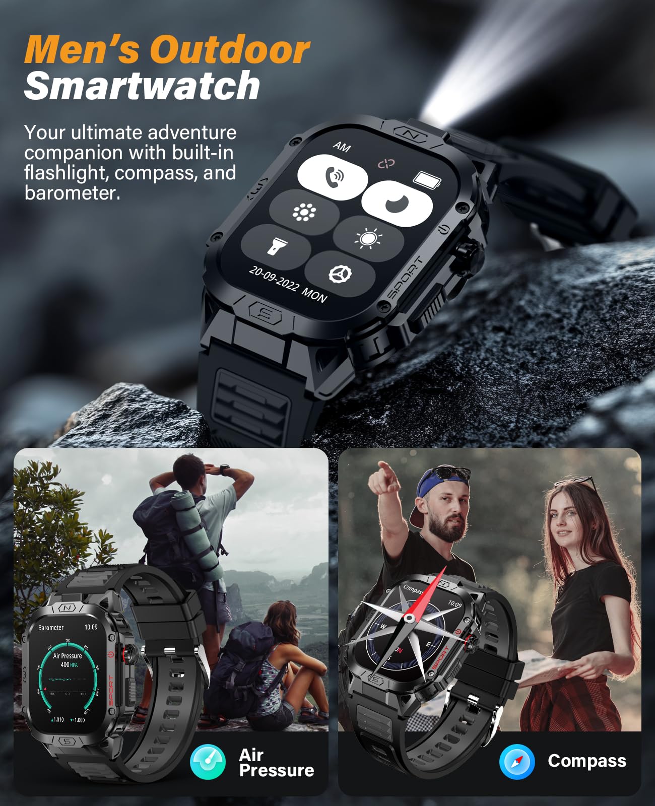 SOUYIE Military Smart Watch for Men Answer/Make Call, 2.02" Outdoor Sport Smartwatch with Flashlight, Heart Rate Blood oxygen Blood Pressure Sleep, 100+ Sport Modes Fitness Tracker for Android and iOS