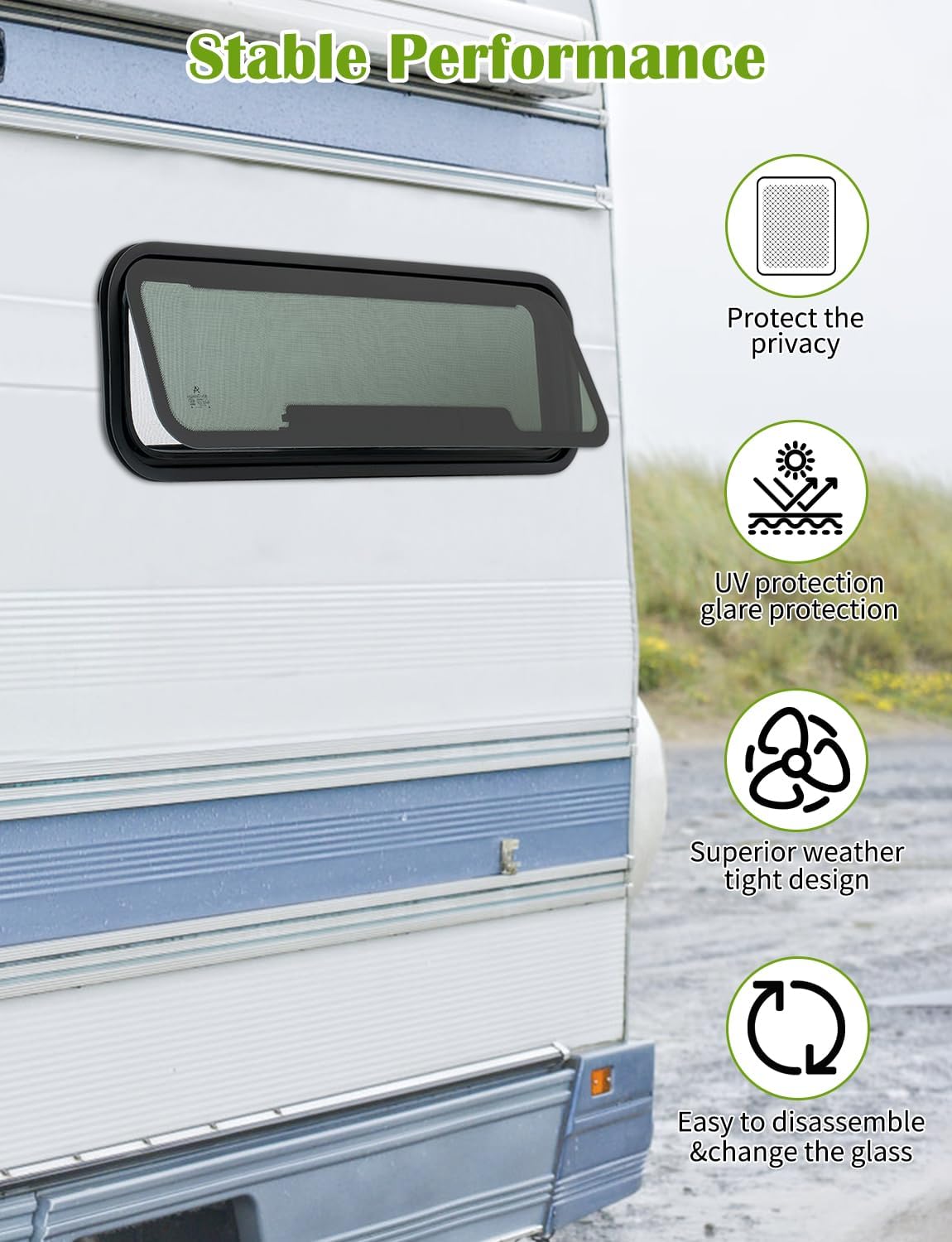 RV Window | 33.7"W x 10.7"H | Universal Camper Van Bunk Awning Window | Tempered Glass &Trim Set | DOT Certification Qualified