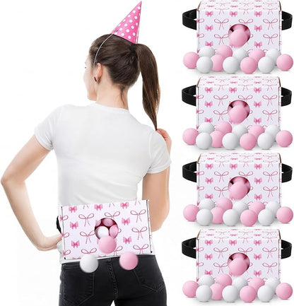 Yaomiao 4 Pack Bachelorette Party Shaking Swing Balls Indoor Party Game Set Includes 4 Set Strap Shake Box and 80 Balls for Birthday Bachelorette Bridal Shower Table Tennis (Pink BowPink White)