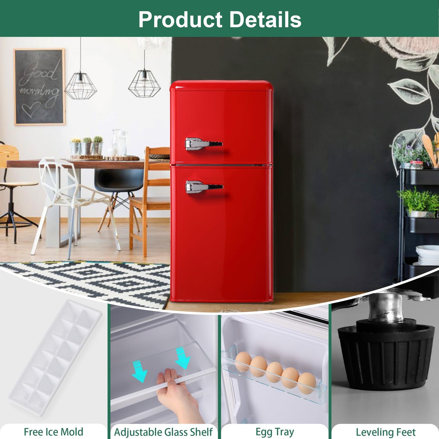 rosmena Retro Fridge with Freezer, 3.5 Cu. Ft. Mini Fridge, Small Refrigerator with 7-Level Adjustable Thermostat, Retro Compact Refrigerator 2-Door Fridges for Apartment/Dorm/Office/RV, Red
