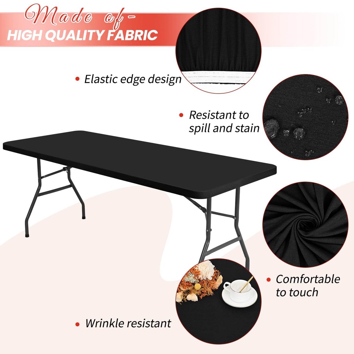 10 Pack Stretch Fabric Table Top Cap Cover, fits 6Ft Tables, Spandex Table Covers Washable Elastic Universal Rectangle Tablecloth Protector for Indoor Outdoor Party Picnic Wedding, Black,30" W x 72" L