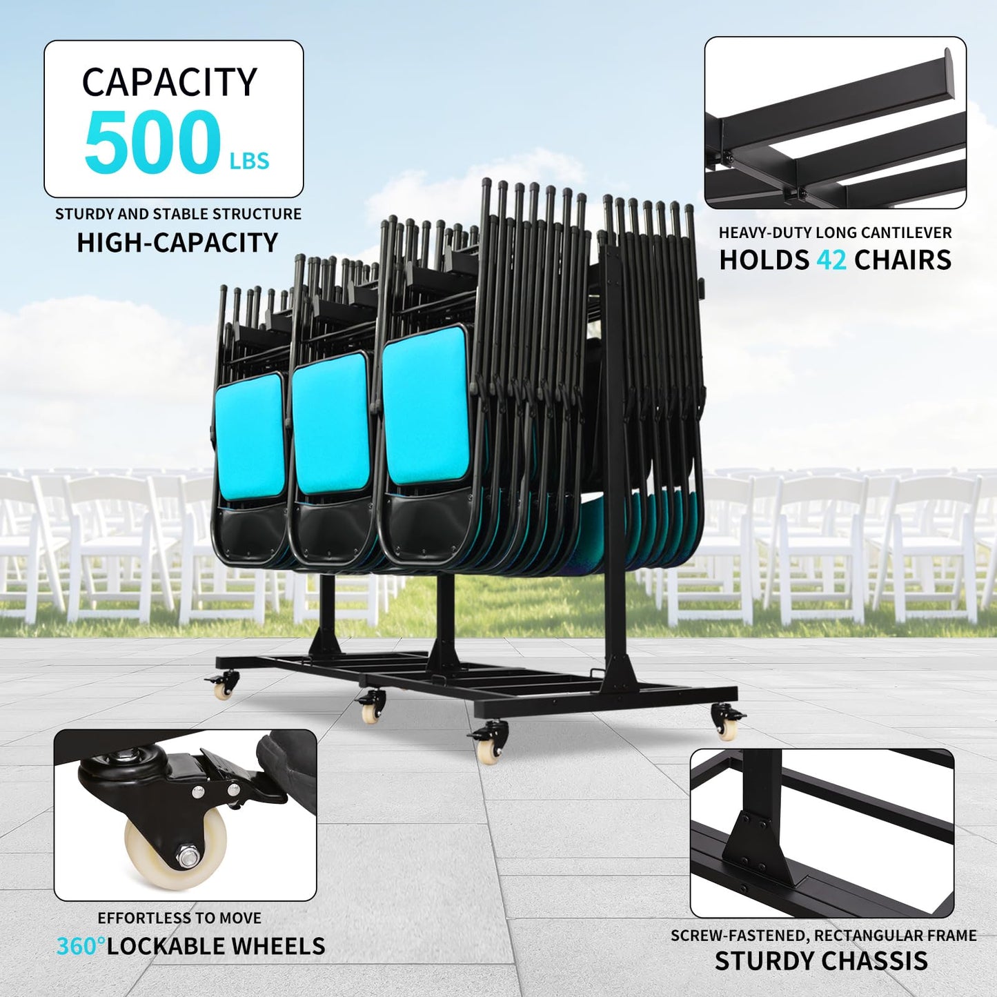 Folding Chair Cart Holds 42 Chairs, 500-lb Capacity Heavy-Duty Folding Chair Rack with Locking Rubber Wheels for Churches, Banquets, and Weddings