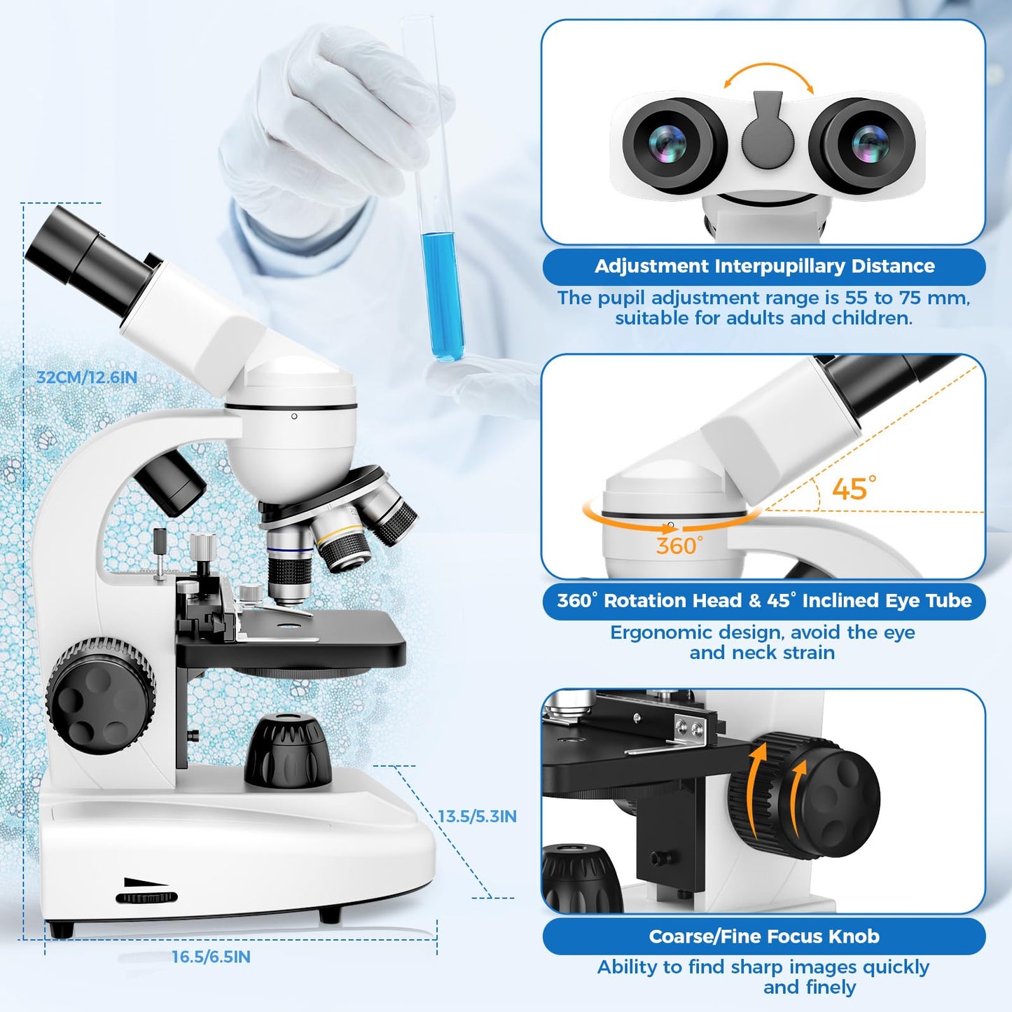 MAXLAPTER Binocular Microscope for Adults and Kids: 40X-1000X Professional Compound Microscope with Slides and Dual Mechanical Stage - Kit for Children Students Beginners Lab Homeschool Education