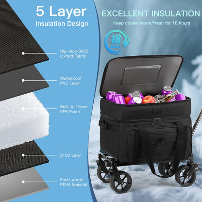 Extra Large Wheeled Portable Cooler Bag 85 Cans Double Deck Heavy Duty Rolling Insulated Cooler with All-Terrain Wheels Leakproof Tactical Soft Sided Cooler for Beach Camping Picnic Travel, Black
