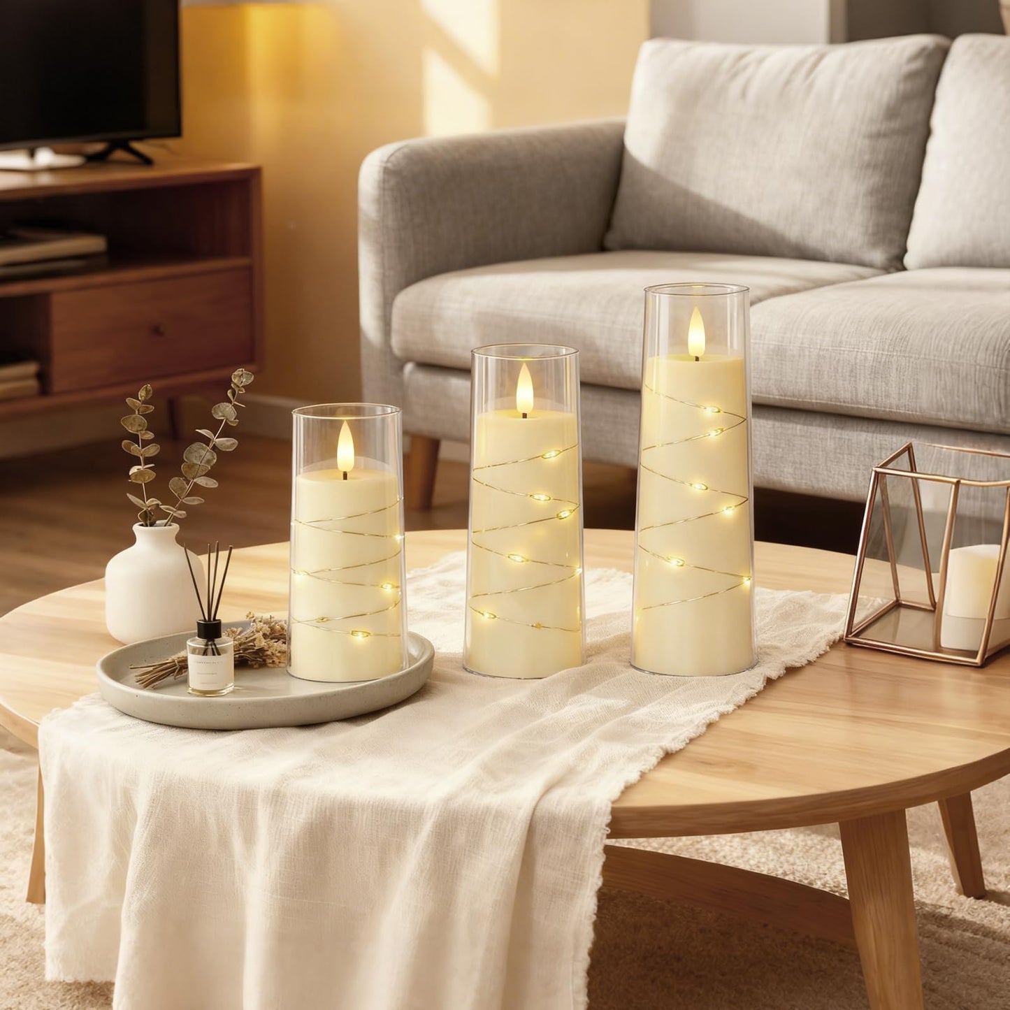 Raycare Flameless Candle with Remote Timer – 9 Flickering Acrylic Battery Operated LED Pillar Candles with Embedded Star String for Christmas, Wedding, Home Decor, and as a Gift (Ivory White)